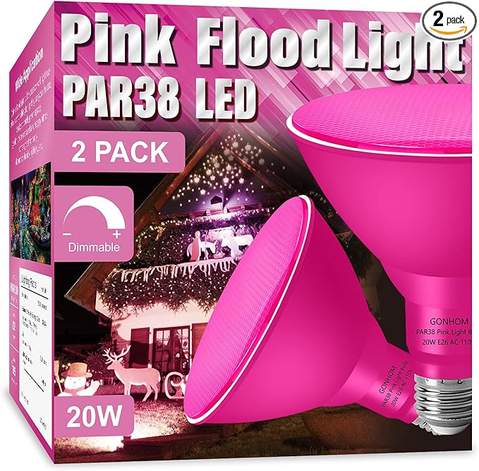 PAR38 Flood Lights Outdoor,Dimmable LED Flood Light Bulbs,20W(Equivalent to 200W),E26 Base,Outdoor Porch,Holiday Lighting,LED Flood Light Bulb for Halloween,Christmas,2 Pack Pink