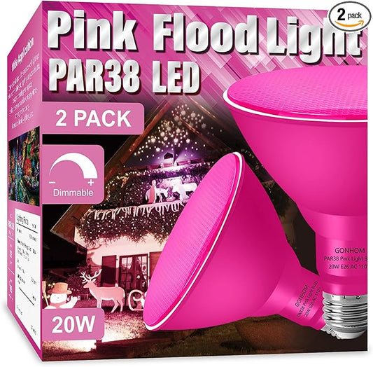PAR38 Flood Lights Outdoor,Dimmable LED Flood Light Bulbs,20W(Equivalent to 200W),E26 Base,Outdoor Porch,Holiday Lighting,LED Flood Light Bulb for Halloween,Christmas,2 Pack Pink