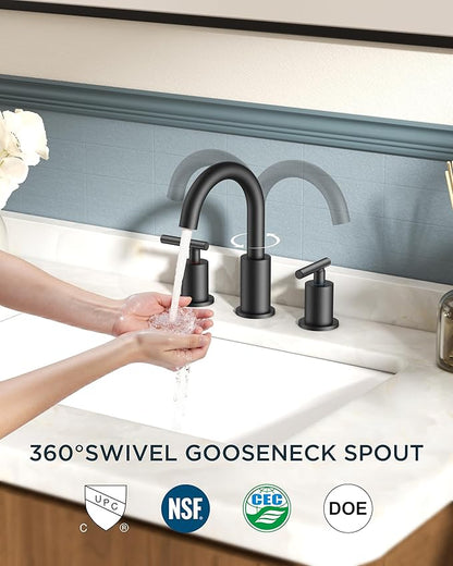 FORIOUS 2 Pack Black Bathroom Faucet 3 Hole, 8" Widespread Matte Black Bathroom Sink Faucet with 360°Swivel Spout, Suitable for 6-12 Inch Vanity Sink, with Metal Pop-up Drain and Supply Line