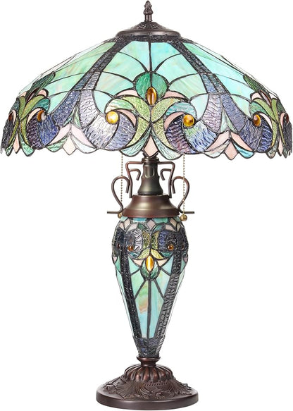 RIVER OF GOODS 24.5" H Halston Double Lit Teal Bowl Shade Stained Glass Table Lamp