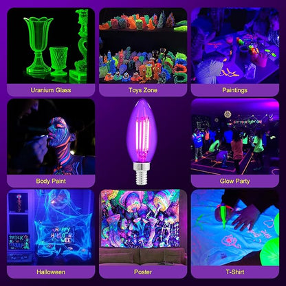6 Pack Filament LED Candle Black Light Bulbs, 5W C35/B11 E12 Base,UVA Level 390-400nm, Glow in The Dark for Halloween Party, Body Paint, Neon Glow, Fluorescent Posters Decor