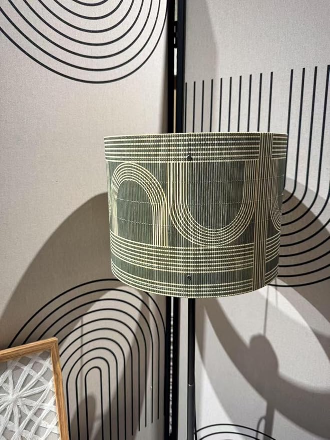 Rustic Bamboo Drum lamp Shade with Decorative Geometric Green Figure,Groovy Unique ideal for living room bedroom, easy assemble, size 11.8x9Inch