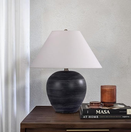 Farmhouse Ceramic Table Lamp, 18" Rustic Table Lamp with Linen Shade, Bedside Nightstand Lamps for Bedroom, Living Room, E26 Socket, Black with White Striped