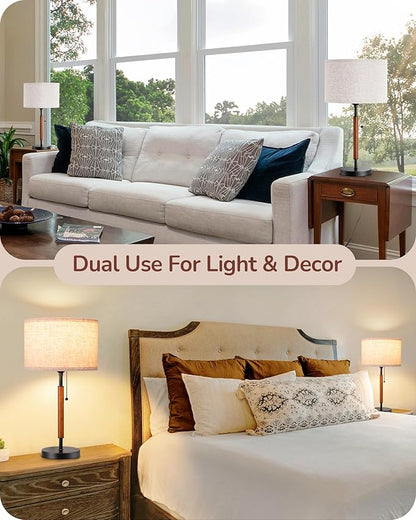 EDISHINE Mid Century Table Lamp Set of 2, Pull Chain Switch Bedside Lamp, Linen Shade, Solid Wood Pole & Black Metal Base, Modern Nightstand Lamp for Bedroom, Living Room, Office, E26 Base
