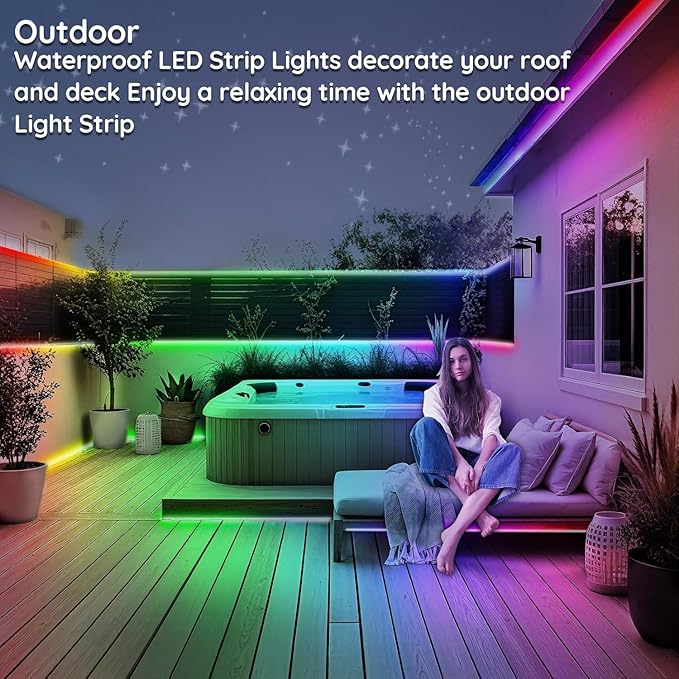 50ft Outdoor LED Strip Lights Waterproof,IP68 Outside Led Light Strips Waterproof with App and Remote,Music Sync RGB Exterior Led Rope Lights with Self Adhesive Back for Roof,Deck