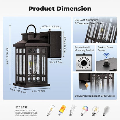Outdoor Light Fixture Dusk to Dawn, Oil Rubbed Bronze Front Porch Lighting with GFCI Outlet, Modern Patio Lights Outdoor Waterproof and Anti-Rust, 2-Pack Outside Lantern Lights with E26 Sockt