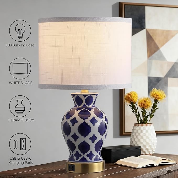 Set of 2 Ceramic Bedside Table Lamp, Minimalist Glazed Ceramic Base with Fabric Shade, Perfect for Bedroom, Nightstand, or Reading Nook, Small Modern Accent Lamp for Soft Lighting