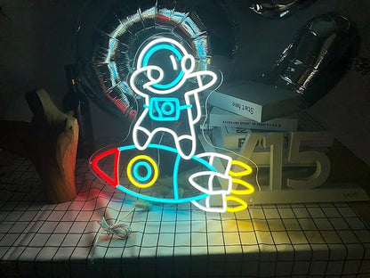 Astronauts & Rockets Neon Sign, Dimmable Spaceman LED Neon Light for Wall Decor Space Room Decor for Gifts for Teen Kids, Man Cave,Game Room