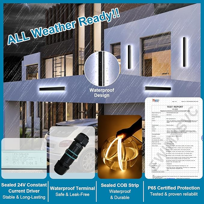 2 Pack 24" Modern Outdoor Wall Lights, 2700k-6500k Dimmable Long Wall Mounted Light LED Black Porch Light Linear Outdoor Wall Sconce IP65 Waterproof Slender Exterior Lights for House Garage