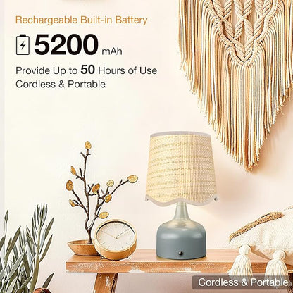 Cordless Boho Table Lamp Blue, Wicker Shade, 5200-mAh Rechargeable Battery, 3-Way Dimmable, Build-in Integrated LED 320 Lumen Max, for Bedside Living Room