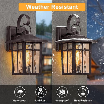 2 Pack Dusk to Dawn Outdoor Lighting, Oil Rubbed Bronze Exterior Light Fixtures with Ripple Glass, Waterproof Aluminum Porch Lights, Outside Lantern Light for Entryway, Garage, Patio