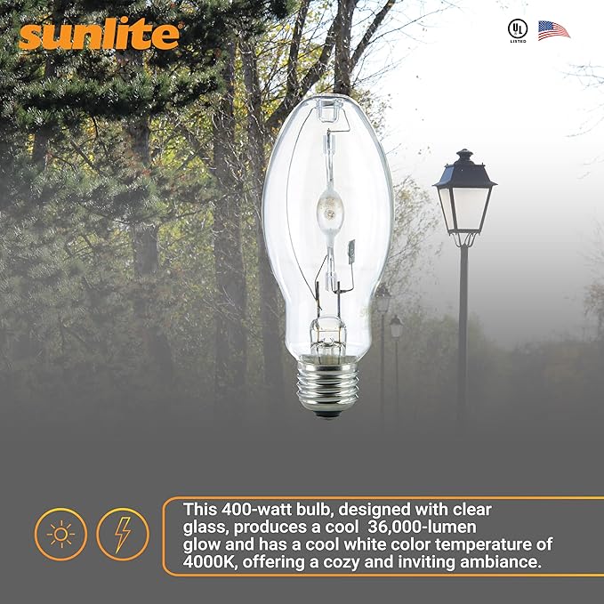 Sunlite MH400/U/MOG M59 Metal Halide Lamp, 400 Watts, Mogul Base (E39), ED37, 12,000 Hour Life Span, 36000 Lumen, Clear Finish, 4000K, 2 Pack