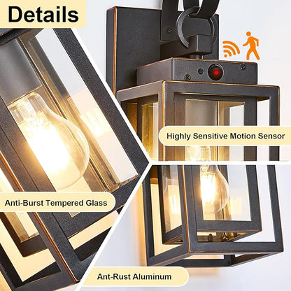 Upgraded Motion Sensor Outdoor Wall Lighting Fixtures, Dusk to Dawn Coach Lamps Outdoor Wall Sconces with Clear Glass, Modern Black Outside Wall Mount Lantern for Front Door, Porch, Garage
