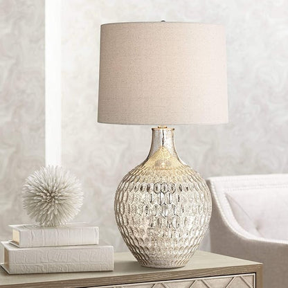360 Lighting Waylon Modern 3-Way Table Lamp 28" Tall with Table Top Dimmer Mercury Glass Dimpled Textured Off White Drum Shade for Bedroom Living Room House Home Bedside Nightstand
