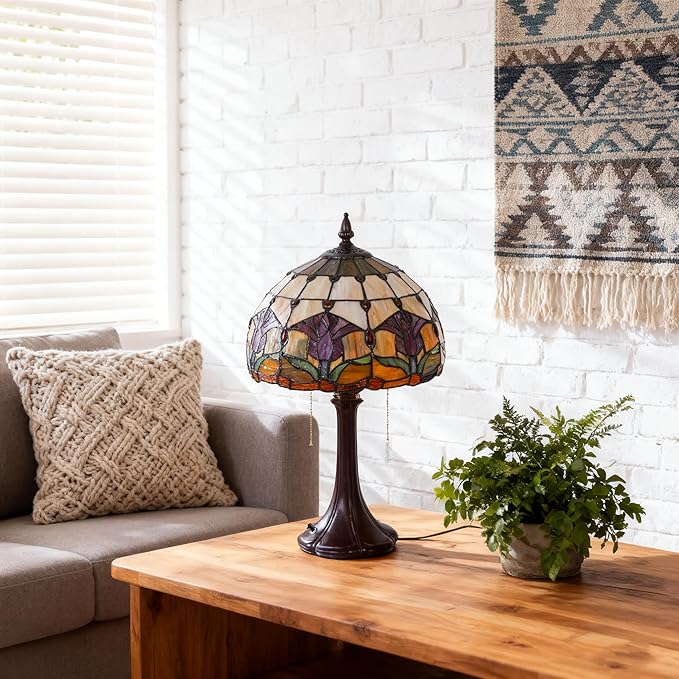 Vintage Table Lamp Stained Glass Lamp Tulip Flower Shades Bedroom Plug in Table Lamp Reading Desk Light for Bedside Living Room Office Dormitory Dining Room Decorate Gift