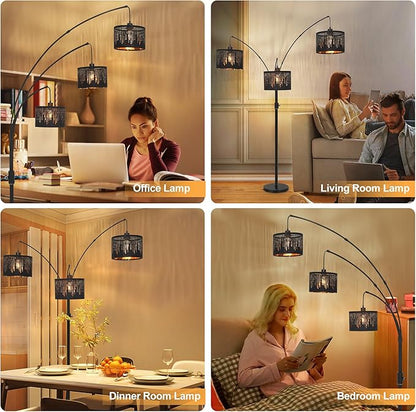 Dimmable Floor Lamp-3 Lights Arc Floor Lamps for Living Room,Modern Tall Standing Lamp With Black Drum Crystal Design Shades,Gothic Mid Century Tree Floor Lamp for Bedroom Corner,Bulbs Included