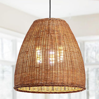 3-Light Dark Curry Rattan Pendant Light,16.54" Rustic Hanging Light,Brown Wicker Pendant Light Hand-Woven Rattan Chandelier for Workplace Restaurants Dining Living Kitchen Farmhouse