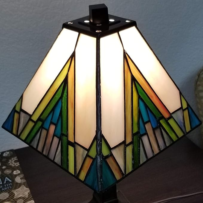 Tiffany Style Accent Table Lamp Banker Mission 14.5″ Tall Stained Glass Ivory Green Blue Yellow Antique Living Room Bedroom AM363TL08, Amora Lighting
