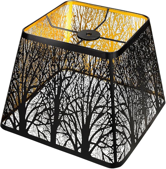 Medium Square Lamp Shades, ALUCSET Metal Lampshade with Pattern of Trees for Table Lamp and Floor Light, 7 x 10 x 7.5 Inch, Pattern of Trees (Black/Gold)