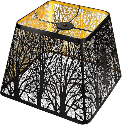 Medium Square Lamp Shades, ALUCSET Metal Lampshade with Pattern of Trees for Table Lamp and Floor Light, 7 x 10 x 7.5 Inch, Pattern of Trees (Black/Gold)