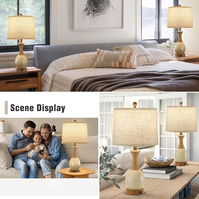 Table Lamp for Bedroom Set of 2 - Bedside Table Lamps with Adjustable Color Temperatures - Boho Rattan Lamps for Nightstand with USB A+C Charging Ports Farmhouse Living Room Lamp Bulb Included