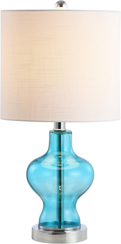 JONATHAN Y JYL4036A 20.5" Modern Glass Table Lamp, Aqua Blue Bedside Lamp for Living Room, Bedroom Nightstand, Coastal End Table Desk Lamp with White Linen Drum Shade, LED Bulb Included