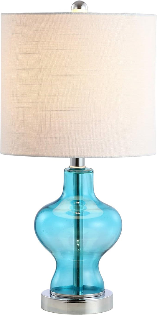 JONATHAN Y JYL4036A 20.5" Modern Glass Table Lamp, Aqua Blue Bedside Lamp for Living Room, Bedroom Nightstand, Coastal End Table Desk Lamp with White Linen Drum Shade, LED Bulb Included