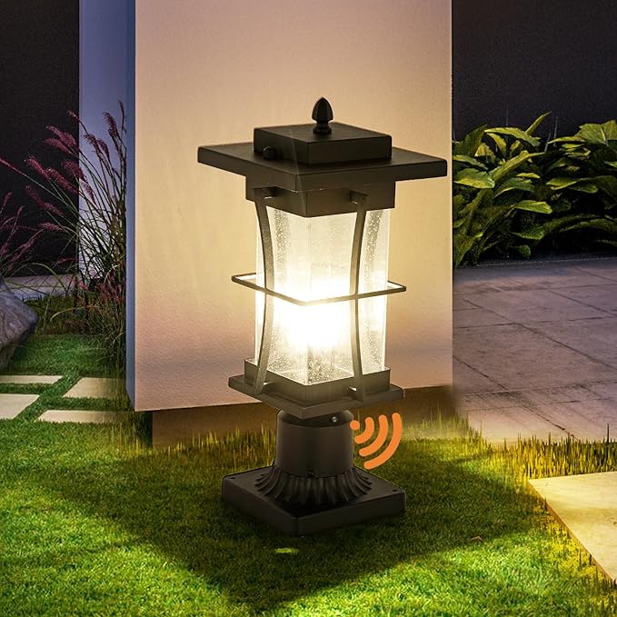 Dusk to Dawn Outdoor Post Light Fixture Waterproof Pole Mount Light with Pier Mount Adapter, Black Finish with Seeded Glass Outdoor Post Lantern for Patio, Garden, Porch and Backyard