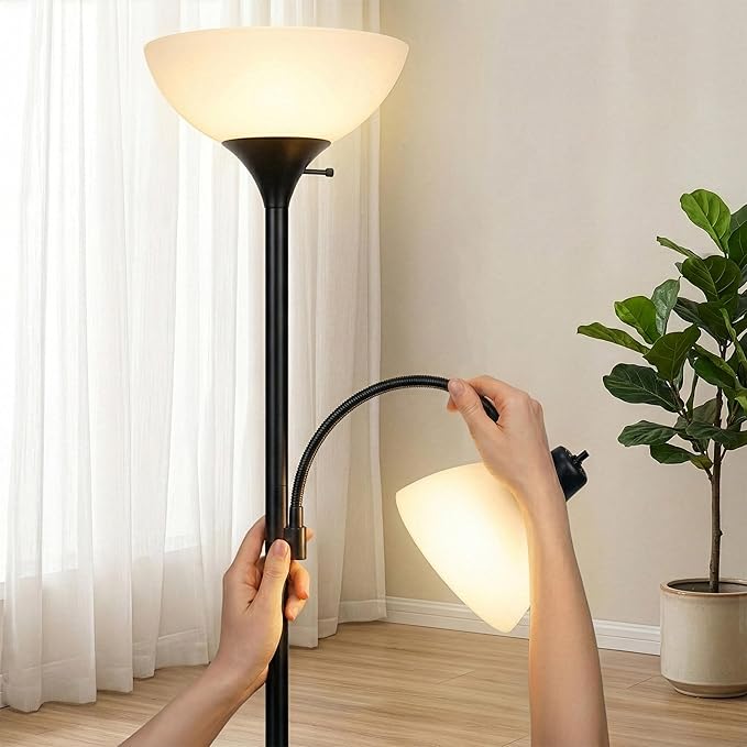 Brightech Sky Dome Plus LED Floor lamp, Torchiere Super Bright Floor Lamp with Reading Lamp for Living Rooms & Offices - Dimmable Tall Standing Lamp for Bedroom Reading - Black