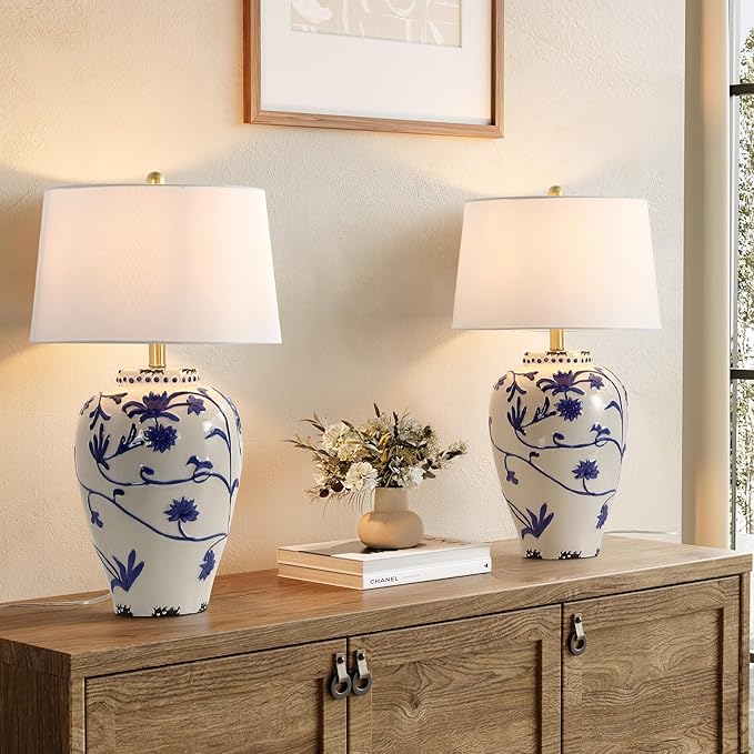 Tribesigns 27-Inch Table Lamp with Blue and White Porcelain Ginger Jar, Embossed Floral Ceramic Base with Fabric Shade for Living Room, Entryway, Nightstand for Bedroom