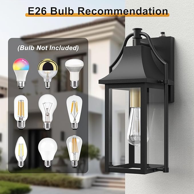 Dusk to Dawn Outdoor Wall Light, Waterproof Wall Sconces, Exterior Wall Mount Lantern Sconce with Glass, Black Patio Lanterns for House Garage Front Door, 14.8in, 1 Pcak