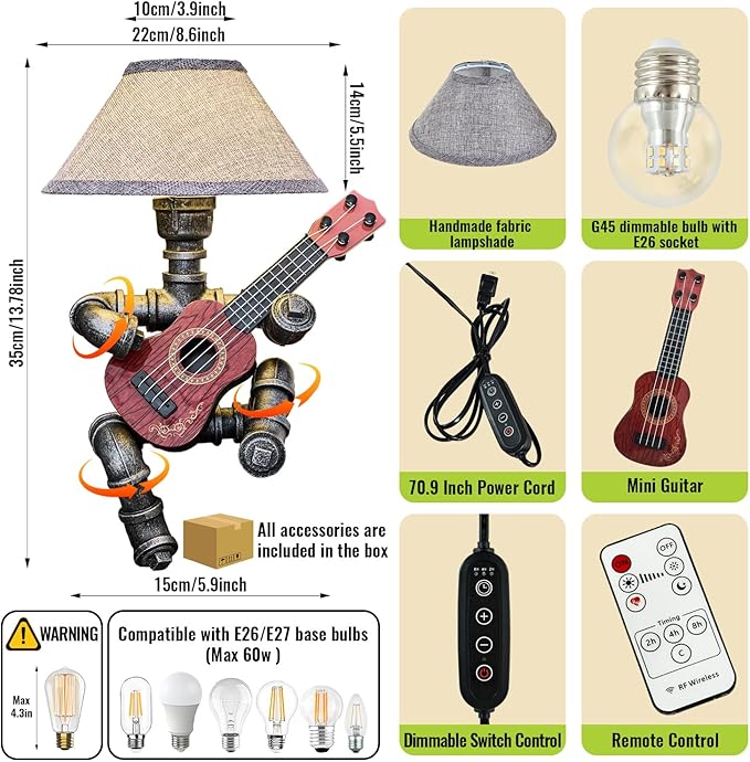 Music Guitar Table Lamp Art Decor Guitar Stuff Cool Gifts for Music Lovers Microphone Players for Men Steampunk Pipe Man Edison Bulb Lamps Retro Guitars Metal Pipe Industrial Robot Lights Silver Gray