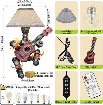 Music Guitar Table Lamp Art Decor Guitar Stuff Cool Gifts for Music Lovers Microphone Players for Men Steampunk Pipe Man Edison Bulb Lamps Retro Guitars Metal Pipe Industrial Robot Lights Silver Gray