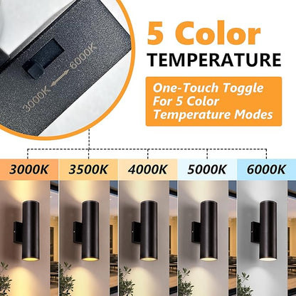 5CCT Dimmable Wall Lights Outdoor 2 Packs, Integrated LED Cylinder Up Down Modern Aluminum Light, Waterproof Exterior Light for Porch Patio Door