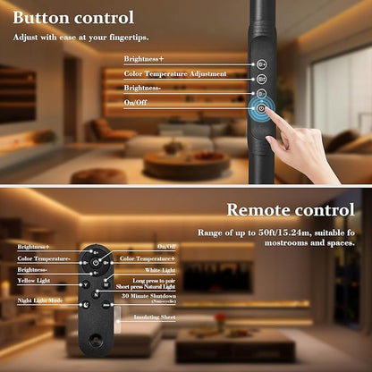 Eye-Caring Full Spectrum LED Floor Lamp, Magnetic Remote & Pole Control, Adjustable Gooseneck Dimmable 3000K-6500K, Stable Base for Living Room Bedroom Office Reading, Black