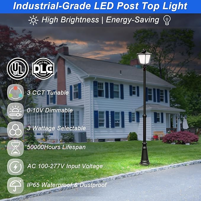 LED Post Top Light 60W/50W/30W Power Tunable, 3CCT 3000K/4000K/5000K Outdoor Post Pole Lights, IP65 Waterproof LED Parking Lot Light for Garden Yard Street Lighting, AC100-277V UL DLC Listed