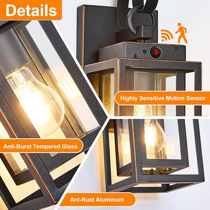 2 Packs Motion Sensor Outdoor Wall Lights, Modern Dusk to Dawn Exterior Lighting Fixture, Black Outdoor Wall Sconces Porch Light with Waterproof, Outside Farmhouse Wall Lantern for Front Door, Garage