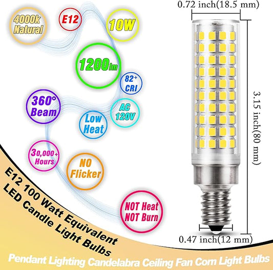 E12 100 Watt Equivalent LED Corn Bulbs 10W 4000K Natural White 1200lm 120V C7 T6 E12 LED Ceiling Fan Light Bulbs for Chandelier Pendant Lighting Candelabra Light Bulbs, Non-dimmable, 4 Pack