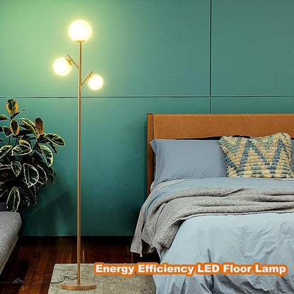 Fiqevs 3 Globe Mid Century Floor Lamp, Vintage Standing Lamp with 3 LED Bulbs & Sphere Frosted Glass Shades, Modern Gold Tree Floor Lamp for Living Room, Bedroom, Office
