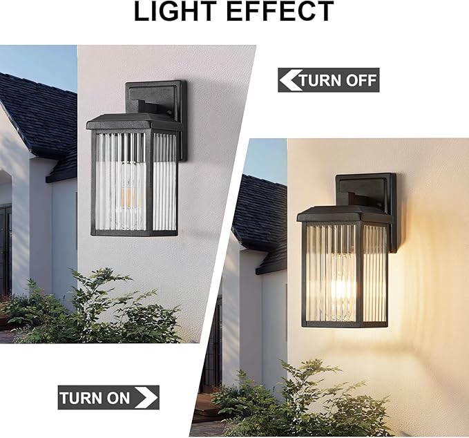 Refice 2-Pack Outdoor Wall Light Fixtures,Waterproof Outdoor Wall Lantern,Wall Mount Exterior Porch Lights, Textured Glass Outside Lights for Patio, Garage, Doorway, Front Door, Black