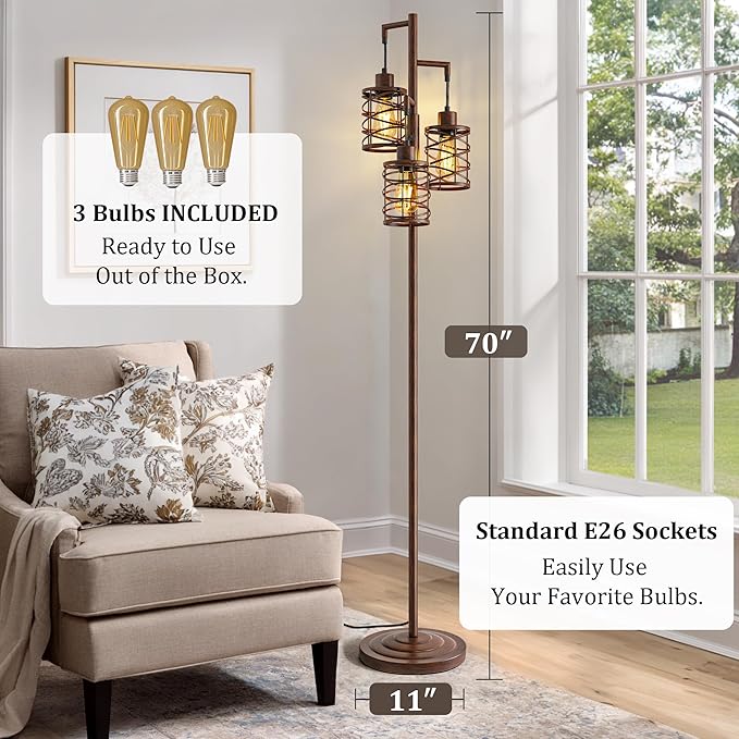 BOBOMOMO 70" Farmhouse Dimmable Floor Lamp, Walnut Brown Industrial Metal Cage Standing Lamp with 3 LED Bulbs, Stepless Dimming Tall Tree Lamp for Living Room, Bedroom, Office, Corner