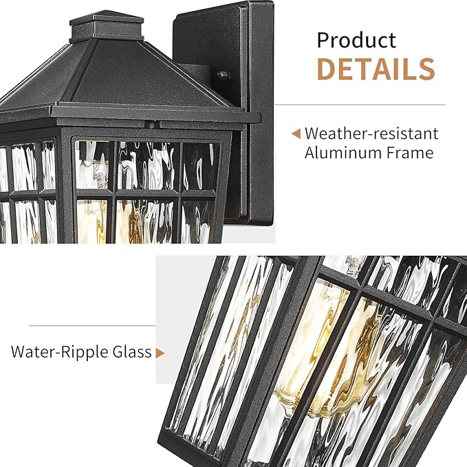 Darkaway Outdoor Wall Lights for House, Exterior Lighting Fixtures Wall Mount Porch Lights Waterproof Outdoor Sconce Lights with Water Ripple Glass for Patio Hallway Garage