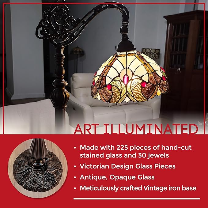 Amora Tiffany Style Floor Lamp Arched Vintage Antique 62" Tall Stained Glass Brown Red Tan Traditional Light Decor Bedroom Living Room Reading Gift AM344FL12 Lighting