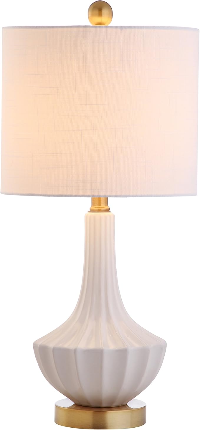 JONATHAN Y JYL1030A 21.5" Modern Ceramic Table Lamp, White and Brass Bedside Lamp for Living Room, Bedroom Nightstand, Contemporary End Table Desk Lamp with White Linen Drum Shade, LED Bulb Included
