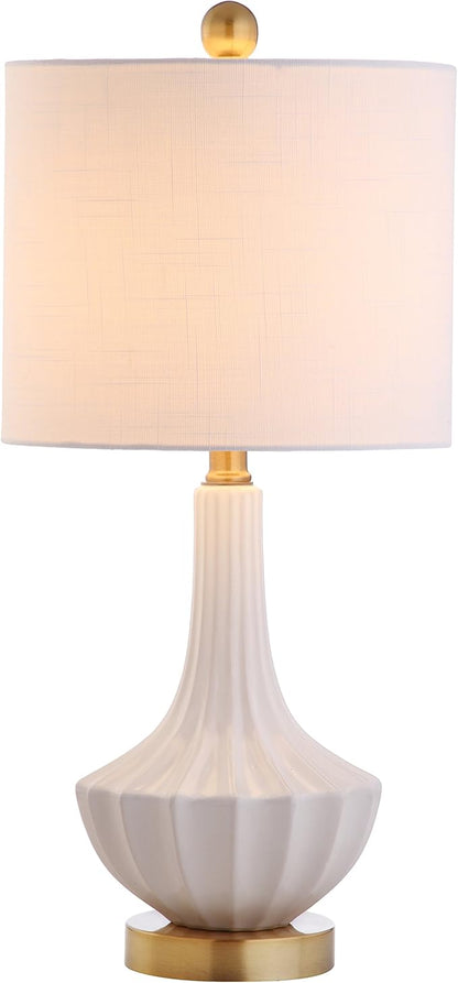 JONATHAN Y JYL1030A 21.5" Modern Ceramic Table Lamp, White and Brass Bedside Lamp for Living Room, Bedroom Nightstand, Contemporary End Table Desk Lamp with White Linen Drum Shade, LED Bulb Included