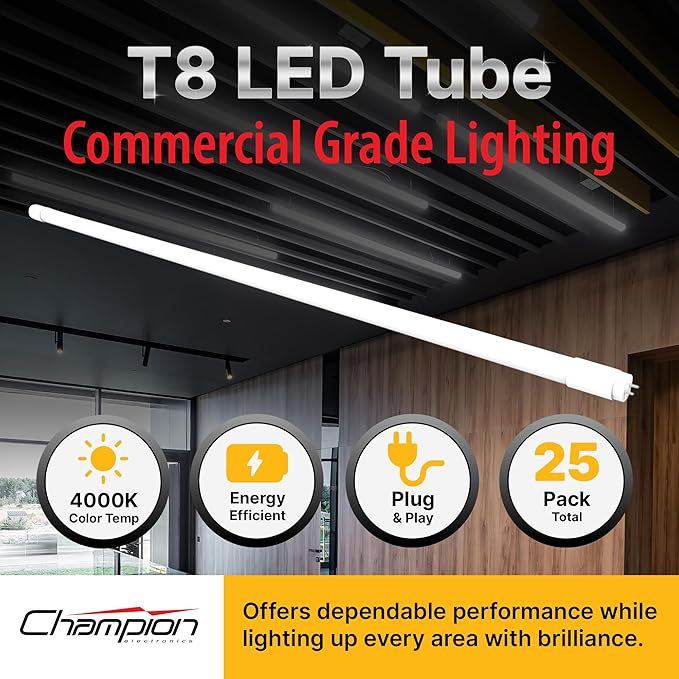 – 25-Pack T8 LED Tube Light 4FT, 12W 1800LM, Type A Ballast Compatible, 4100K Daylight, UL-Listed, Easy Plug & Play Fluorescent Replacement, Energy-Saving for Shop & Office