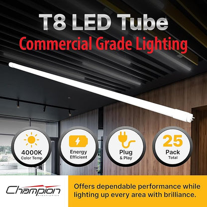 – 25-Pack T8 LED Tube Light 4FT, 12W 1800LM, Type A Ballast Compatible, 4100K Daylight, UL-Listed, Easy Plug & Play Fluorescent Replacement, Energy-Saving for Shop & Office