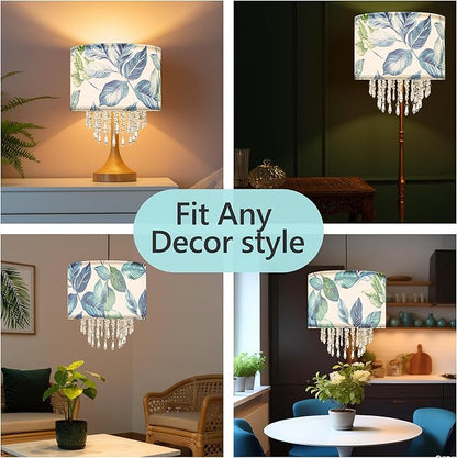 Blue Leaf Tropical Leaf Lamp Shade with Acrylic Bead Droplets, Drum Fabric Light Shade for Ceiling Pendant Table or Floor Lamps, Botanical Nature Home Decor, 11.8in