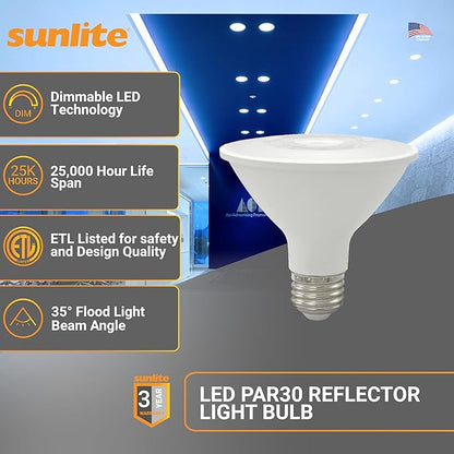 Sunlite Reflector PAR30 LED Bulb, Spotlight, 9W (75W=), 750 Lmns, Medium E26 Base, 90 CRI, Dimmable, Decorative Track Lighting Use, ETL, Title-20 Compliant, Bulk, 24 Pack, 50K-Daylight