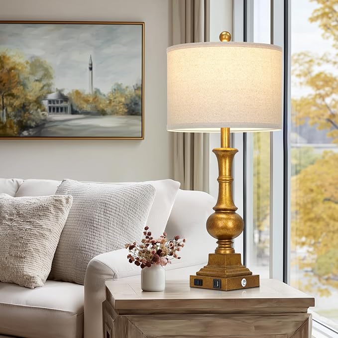 Farmhouse Table Lamps for Living Room, 26" Vintage Table Lamp Set of 2 with USB A+C Charging Ports & AC Outlets, Touch Control 3-Way Dimmable Rustic Bedside Nightstand Lamps for Bedroom Gold Brass